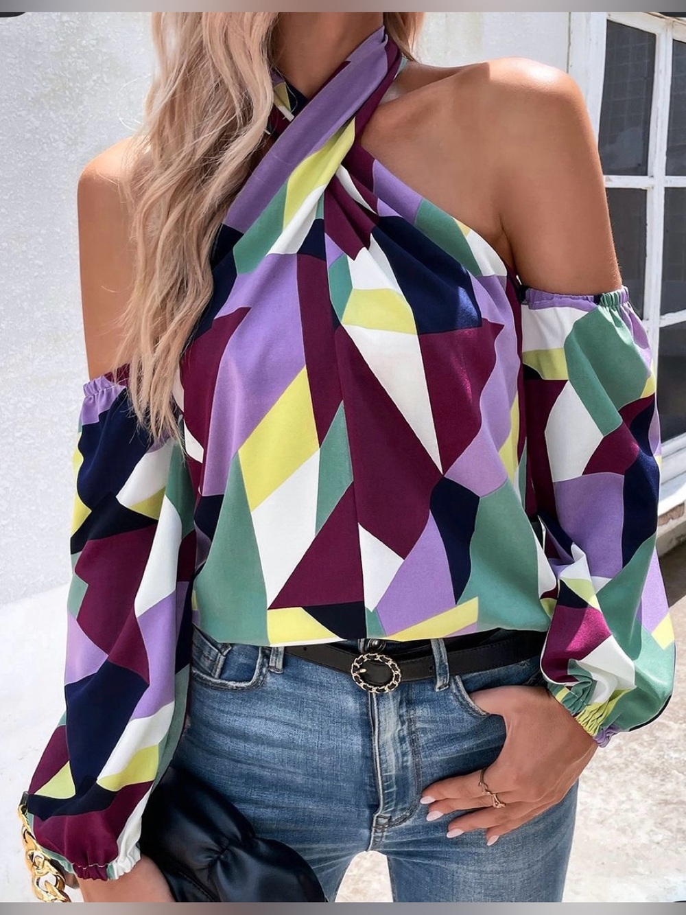 Women’s Multicolor Geometric Off-Shoulder Halter Top